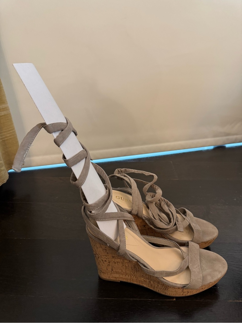 Guess Gray Suede Lace-Up Cork Wedge Sandal Heels - Picture 2 of 4